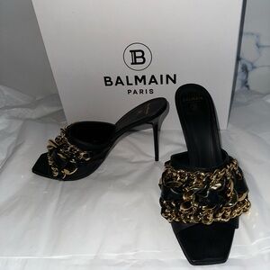 Balmain Black Leather Heeled Mules Gold Chain Detail 8.5 39